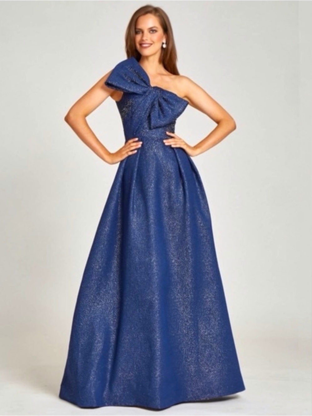 Teri Jon By Rickie Freeman Bow Metallic Blue Jacquard Ballgown Maxi Dress 8 New